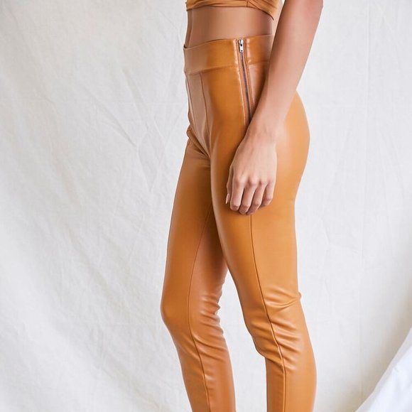 Faux Leather  Ankle Pants Med Coated Camel Brown Straight Skinny Stretch - Picture 5 of 12